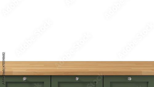 Empty space wooden table top surface with olive green cabinet object isolated on empty background for interior design element. Realistic object 3d illustration. Clipping part included.