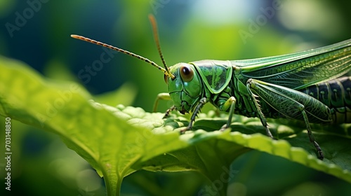 The grasshopper sits on a lush green leaf. © kept