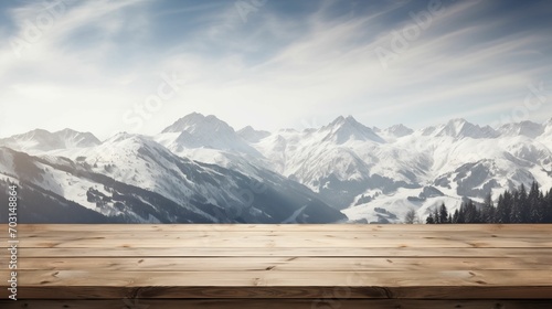 Snowy Alps in the background, set against an empty wooden table. © kept