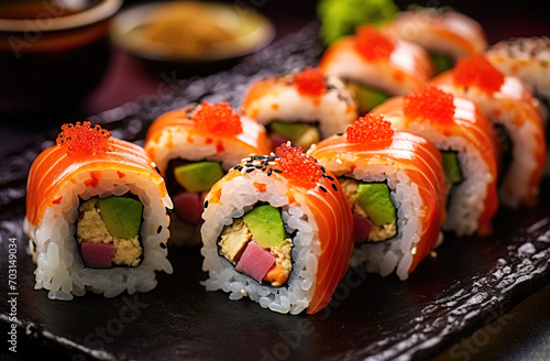 A Plate of sushi rolls made by a chef in a restaurant