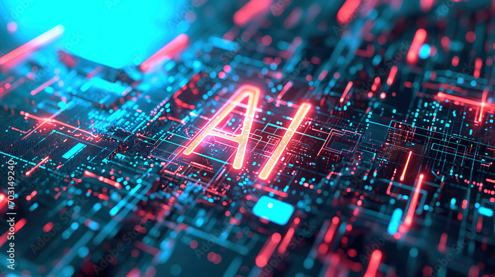 AI on a Circuit Board: A Digital and Futuristic Concept with Blue and Orange Lights AI on a Circuit Board: A Digital and Futuristic Concept with Blue and Orange Lights