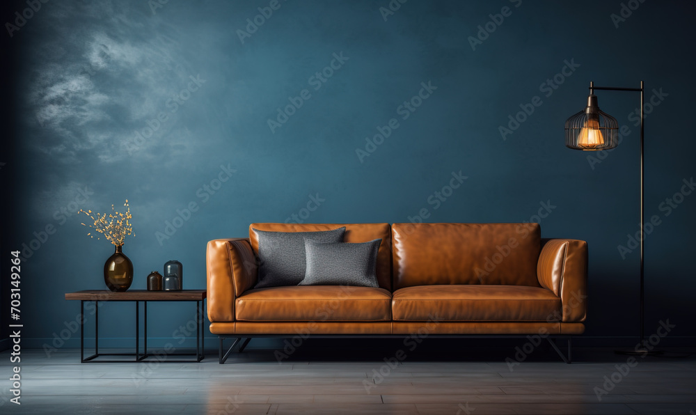 The interior design of a modern home or apartment living room with a dark blue background wall and leather couch with pillows for decor - obrazy, fototapety, plakaty 