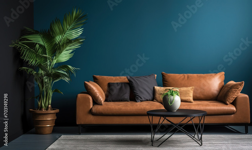 The interior design of a modern home or apartment living room with a dark blue background wall and leather couch with pillows for decor