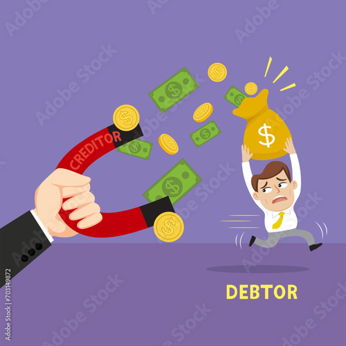 Big hand creditor uses a magnet to attract receive money from a male debtor. Concept pay off debt.illustration vector cartoon.