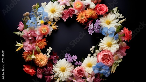 Wreath of flowers, arranged in a harmonious circle.