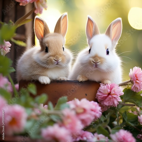 Beautiful flowers garden rabbits image Generative AI
