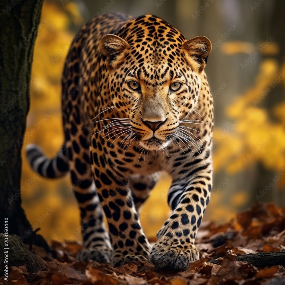 Fototapeta premium Beautiful forest leopard standing image Generative AI