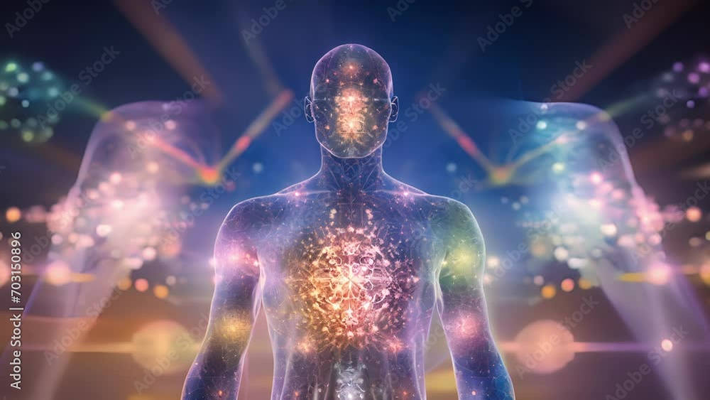 A holographic projection of a human body overlaid with intricate patterns and colors, demonstrating how AIpowered healthcare can detect and identify diseases at a cellular level with unmatched