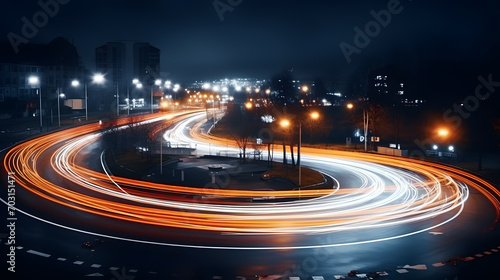 City road, random curve, Trail of Taillight Blur, Night lights from car headlights on roundabout in night city.