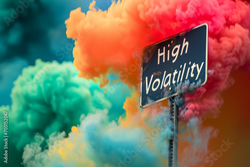 High volatility concept image with colorful volatile gas and board sign with written words High Volatility for finance and trading price variations photo
