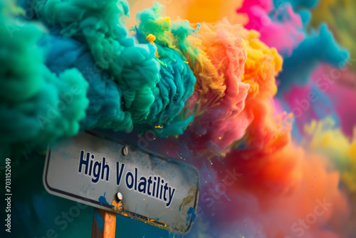 High volatility concept image with colorful volatile gas and board sign with written words High Volatility for finance and trading price variations