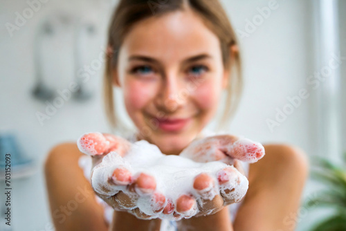 Foto blond girl blowing on foam in her hand, young woman showing hands in foam, happy