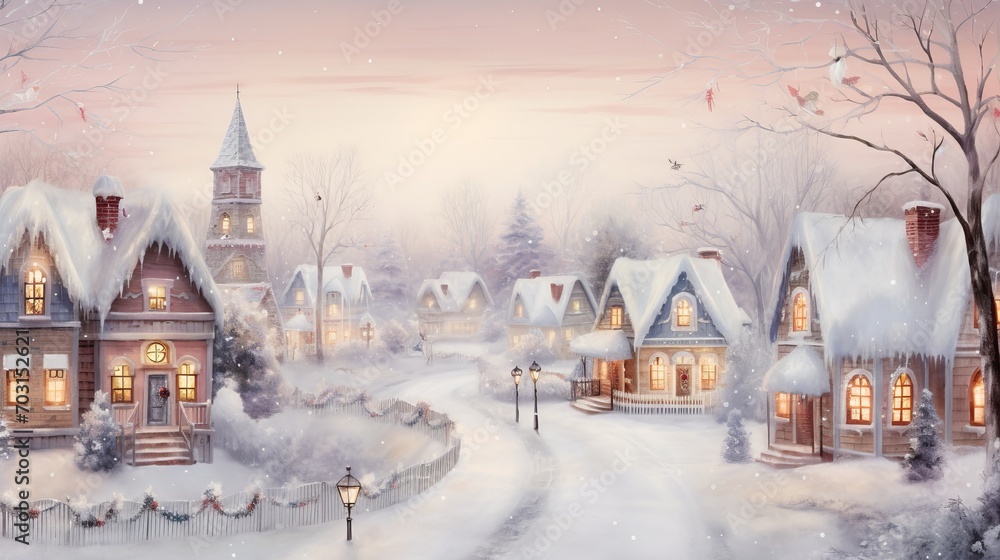 Snowy Village with Clock Tower Snowy Village with Clock Tower