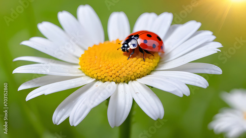 Ladybug on camomile flower. Beautiful nature scene with ladybug.