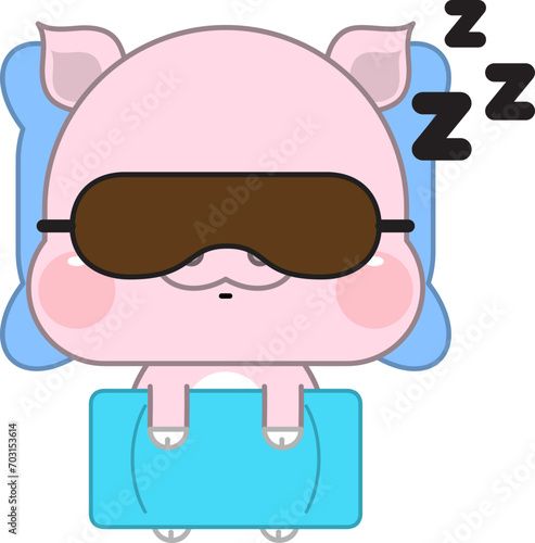 Calm cute cartoon pig with eye mask lying relaxing in soft bed sleeping or taking nap. Relaxed cute cartoon pig asleep in bedroom, see dreams at night. Relaxation and fatigue. 