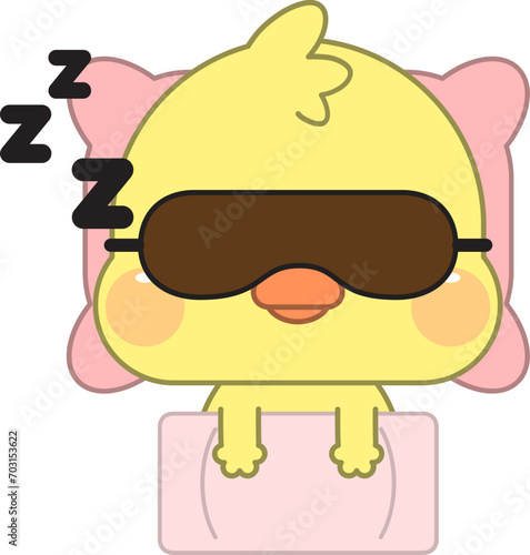 Calm cute cartoon duck with eye mask lying relaxing in soft bed sleeping or taking nap. Relaxed cute cartoon duck asleep in bedroom, see dreams at night. Relaxation and fatigue. 