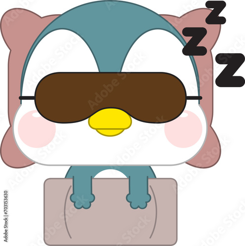 Calm cute cartoon penguin with eye mask lying relaxing in soft bed sleeping or taking nap. Relaxed cute cartoon penguin asleep in bedroom, see dreams at night. Relaxation and fatigue. 