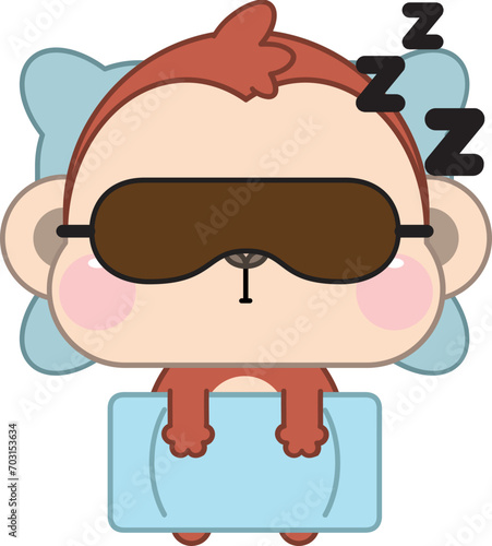 Calm cute cartoon monkey with eye mask lying relaxing in soft bed sleeping or taking nap. Relaxed cute cartoon monkey asleep in bedroom, see dreams at night. Relaxation and fatigue. 