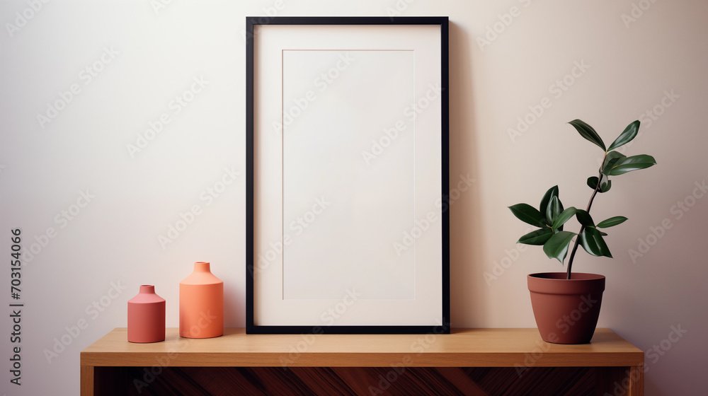 Minimalist vibes thrive with a bare white poster, defining the chic living space Minimalist vibes thrive with a bare white poster, defining the chic living space