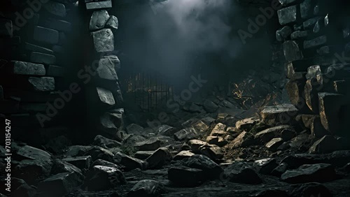 Shattered stone and decrepit masonry standing guard over a forgotten secret entombed deep within the darkness. photo