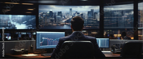 shadowy world of buying stocks with a mesmerizing depiction of an businessman, their back presented in a half-turn, wearing suits in an office, seated in front of a commanding monitor, engrossed