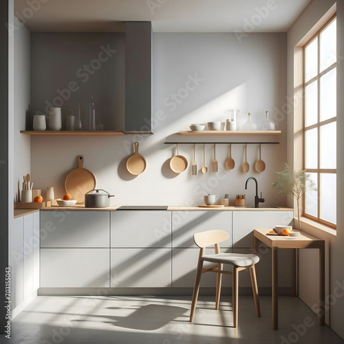Modern style kitchen in corner of minimal design with minimal kitchenware for domestic clean room muji house with natural light from window to the room