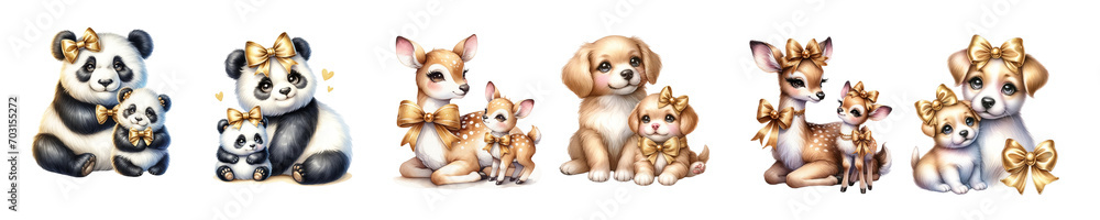Obraz premium Mother's Day animal pair, mother and child, on white background.