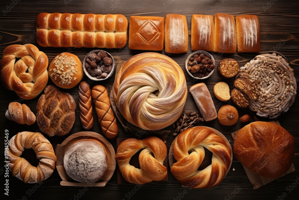 Delicious pastries and breads placed on shelf at bakery shop, various of bread for selling in shop. Delicious pastries and breads placed on shelf at bakery shop, various of bread for selling in shop.