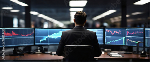 shadowy world of buying stocks with a mesmerizing depiction of an businessman, their back presented in a half-turn, wearing suits in an office, seated in front of a commanding monitor, engrossed