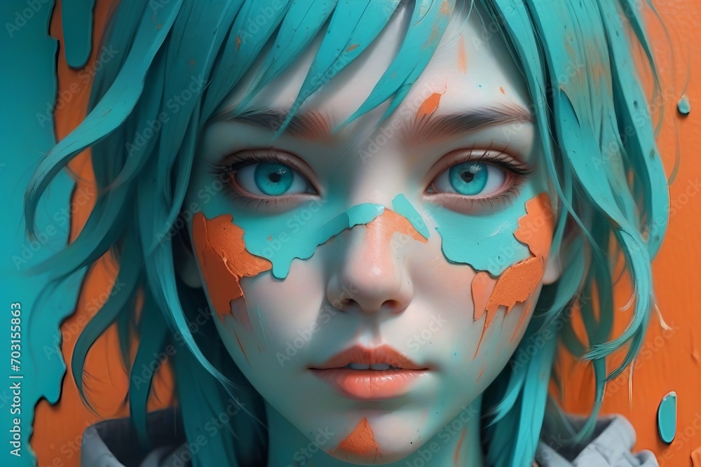 Vibrant Decay: 32K Cinematic Anime Portrait – Layers of Peeling Paint in Turquoise and Orange with Neon Accents, Detailed Eyes Illuminated