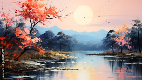Landscape with mountain and lake in autumn season, Digital painting.