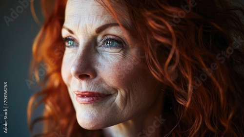 closeup portrait of a middle aged woman with bright red hair