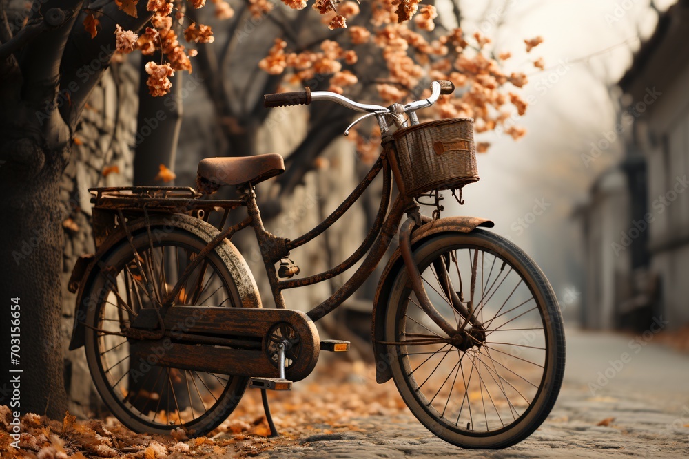 Obraz premium rusty bicycle parked under pink flower tree