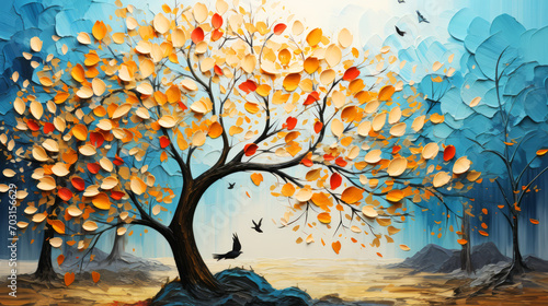 Autumn landscape with a tree and flying birds. Oil color painting.