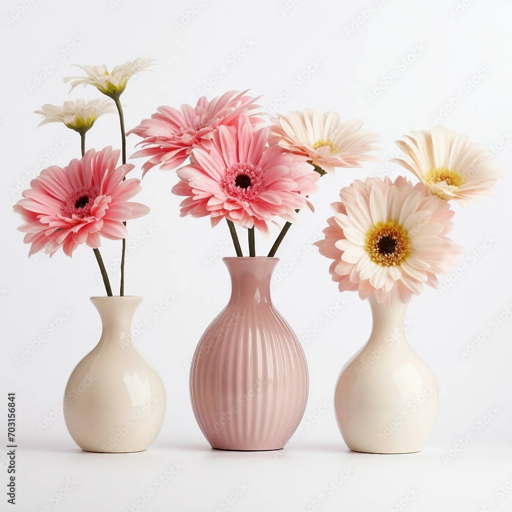 Pink gerbera flowers in vases on a white background.