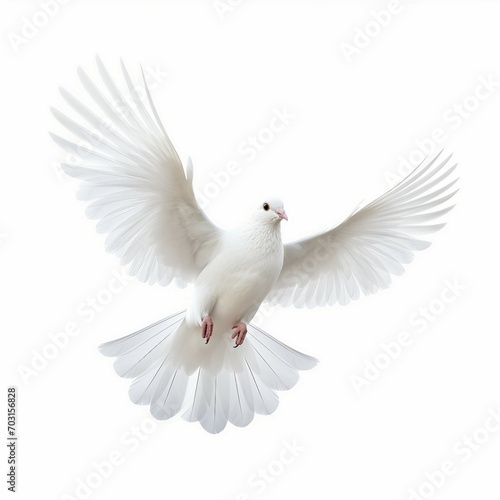White dove flying isolated on white background. Freedom, peace, love concept