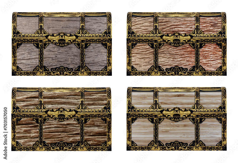 Collection set Wooden treasure chest isolated on white background with ...