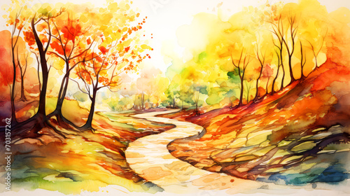 Watercolor autumn landscape with colorful trees and river. Digital painting.