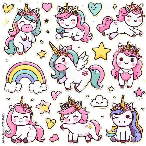 Cute cartoon unicorn stickers collection in hand drawn style