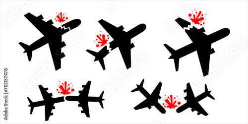 Plane crash accident black silhouette illustration icon set silhouette vector