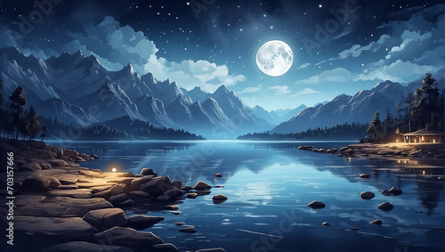 Scenic view on the lake with stunning moon and stars in the middle night photo