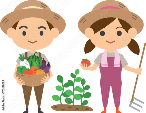 野菜を持っている農家のイメージイラスト（男女セット）