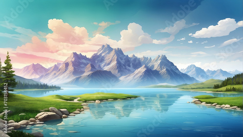 Fototapeta Naklejka Na Ścianę i Meble -  Decoration illustration of lake and mountains on shiny day