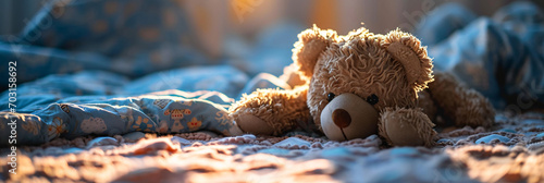 Teddy bear sitting on a hospital child's bed with soft morning light. Pediatric healthcare and comfort concept for design and print