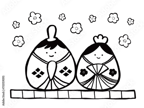 かわいいひな祭りのモノクロ塗り絵イラスト／手描きイラスト素材A