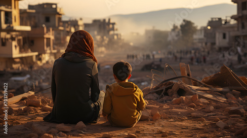 View of a child and a woman sitting in front of a poor area street in Morocco © Christian