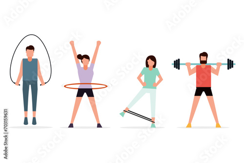 Men and Women who are exercising to stay healthy. Physical training. Exercise equipment. stretching  jumping rope  weight lifting  and sports. Vector illustration flat design style