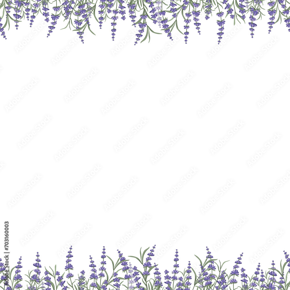 Floral purple-lavender border made of lavender flowers and leaves, for the design of postcards, invitations, banners, packaging and wallpaper. A frame for your design. Vector illustration Floral purple-lavender border made of lavender flowers and leaves, for the design of postcards, invitations, banners, packaging and wallpaper. A frame for your design. Vector illustration