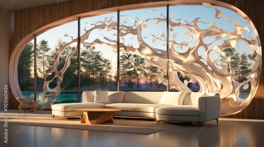 Fototapeta premium Modern living room interior design with large windows and curved walls