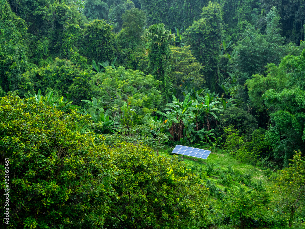 Solar panels installed in a lush mountain forest in the middle of nowhere. Solar panels to produce enough electricity for use. Sustainable alternative electricity source, net zero emissions concept.